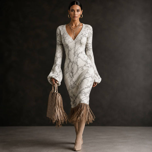 Women's Marble Print Fringe Knit Midi Dress