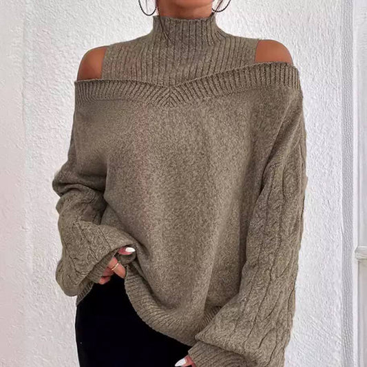 Women’s Off-Shoulder High Neck Cable Knit Sweater