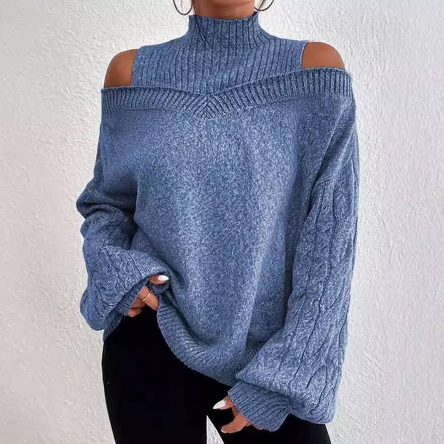 Women’s Off-Shoulder High Neck Cable Knit Sweater