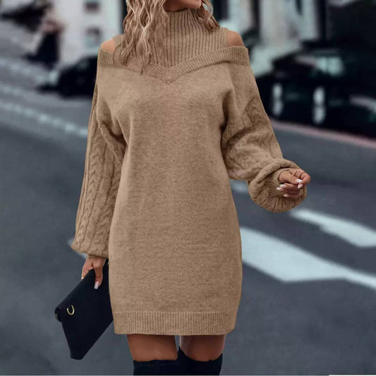 Women’s Off-Shoulder Cable Balloon Sleeves Knit Sweater Dress
