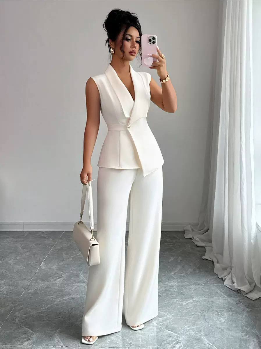 Women’s Sleeveless Tailored Blazer & Wide-Leg Trousers Suit Set