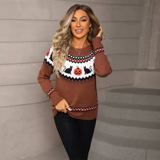 Women’s Halloween Pumpkin & Cat Knit Sweater