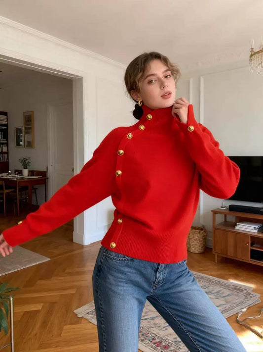 Women’s Button Detail Turtleneck Knit Sweater