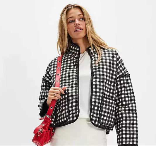 Women’s Gingham Check Long Sleeve Cropped Jacket with Pockets