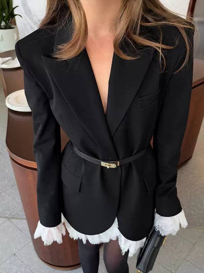 Long Sleeve Tailored Blazer Mini Dress Lapels & Elegant Lace Hem