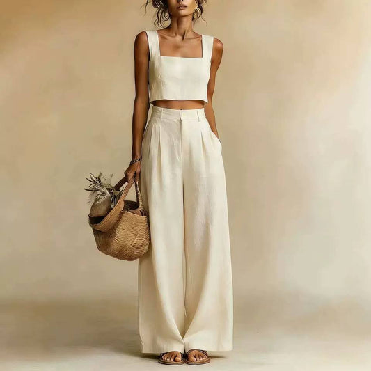 Wide-Leg Trousers Set – Square Neck Sleeveless Crop Top with High-Waisted Palazzo Pants