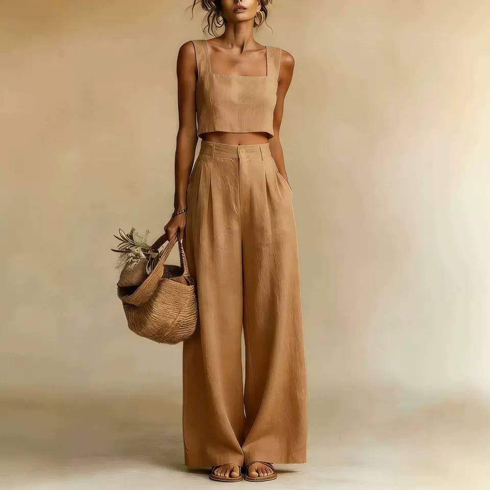 Wide-Leg Trousers Set – Square Neck Sleeveless Crop Top with High-Waisted Palazzo Pants