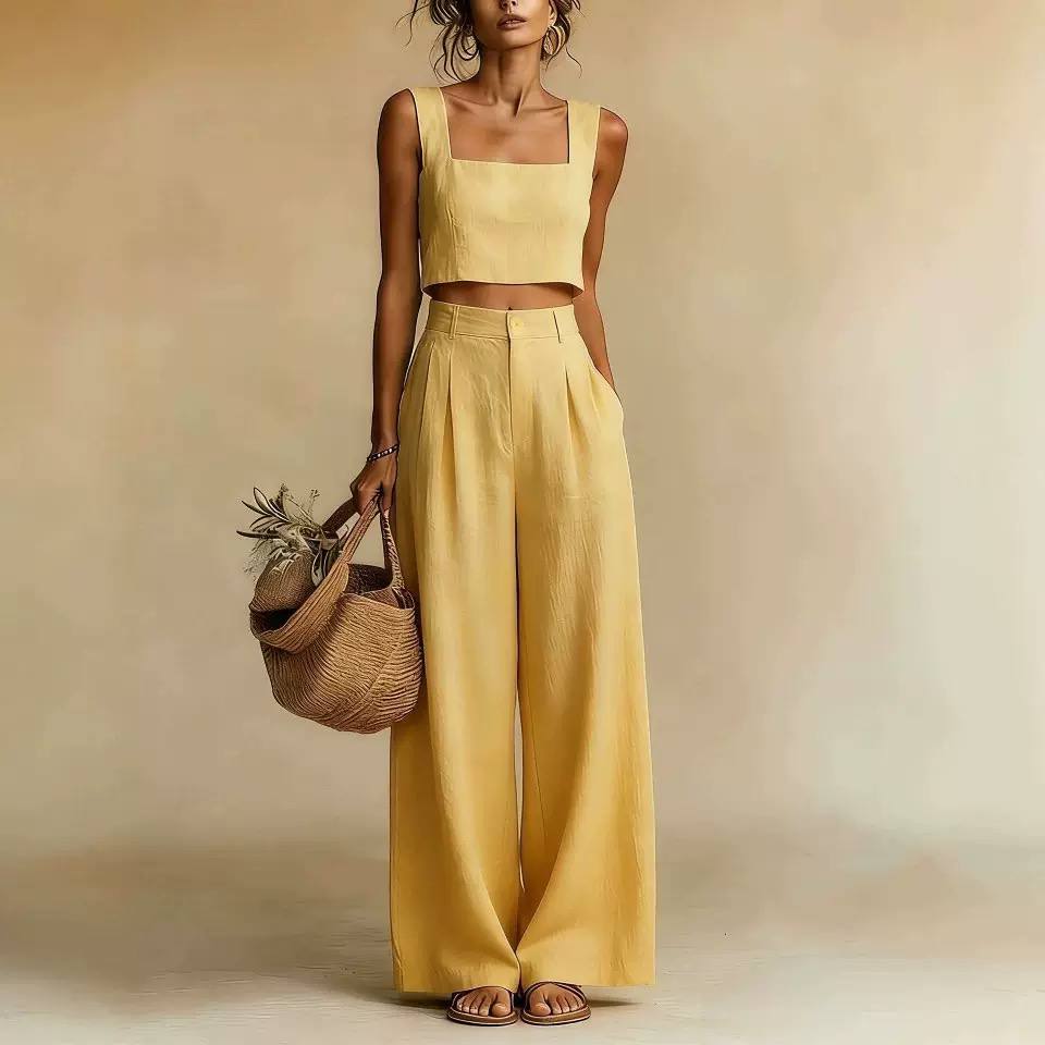 Wide-Leg Trousers Set – Square Neck Sleeveless Crop Top with High-Waisted Palazzo Pants