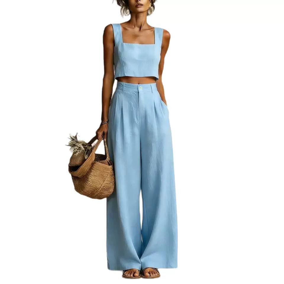 Wide-Leg Trousers Set – Square Neck Sleeveless Crop Top with High-Waisted Palazzo Pants