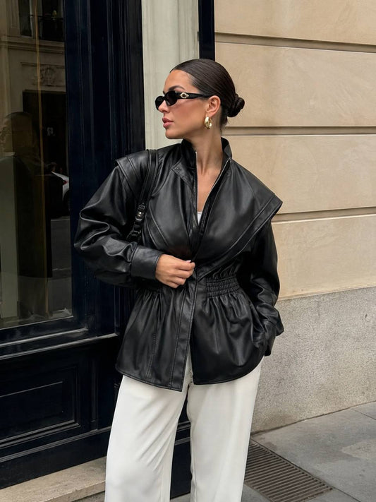 Leather Jacket  Wide Lapel Collar, Zip Front, Elasticated Waist & Long Sleeves