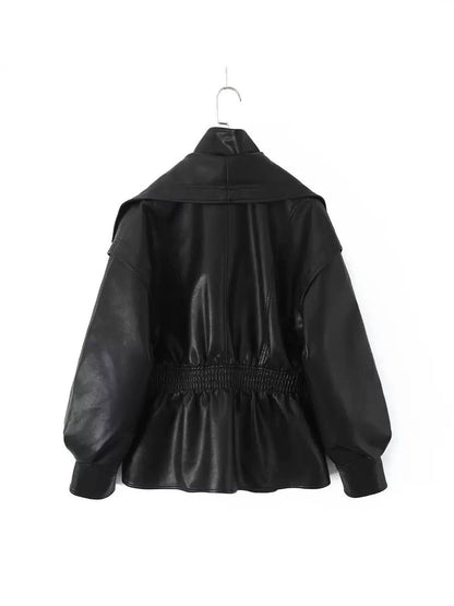 Leather Jacket  Wide Lapel Collar, Zip Front, Elasticated Waist & Long Sleeves