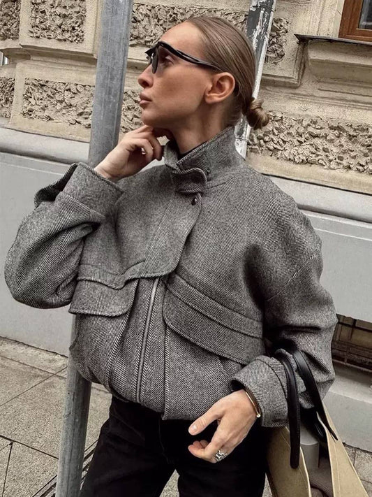 Herringbone Utility Jacket Oversized Fit, Zip Front, Long Sleeves & Multi-Pocket Detail