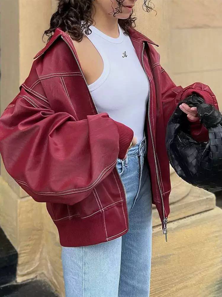 Oversized Leather Jacket Zip Front, Ribbed Cuffs & Relaxed Fit