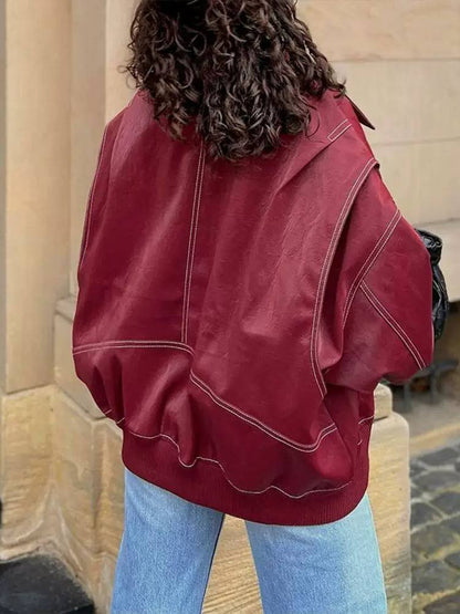 Oversized Leather Jacket Zip Front, Ribbed Cuffs & Relaxed Fit
