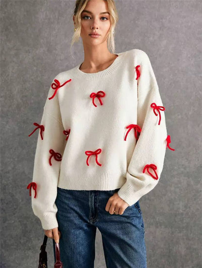 Bow Detail Knit Sweater Crew Neck, Long Sleeves & Ribbon Appliqué Detail
