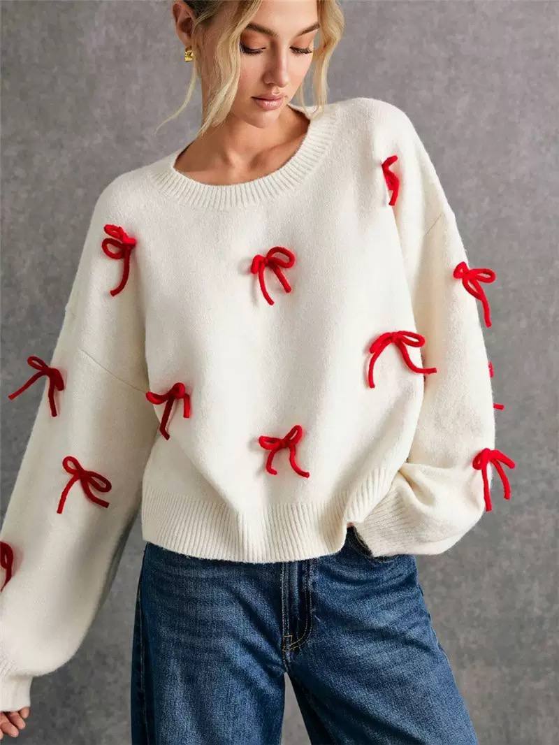 Bow Detail Knit Sweater Crew Neck, Long Sleeves & Ribbon Appliqué Detail