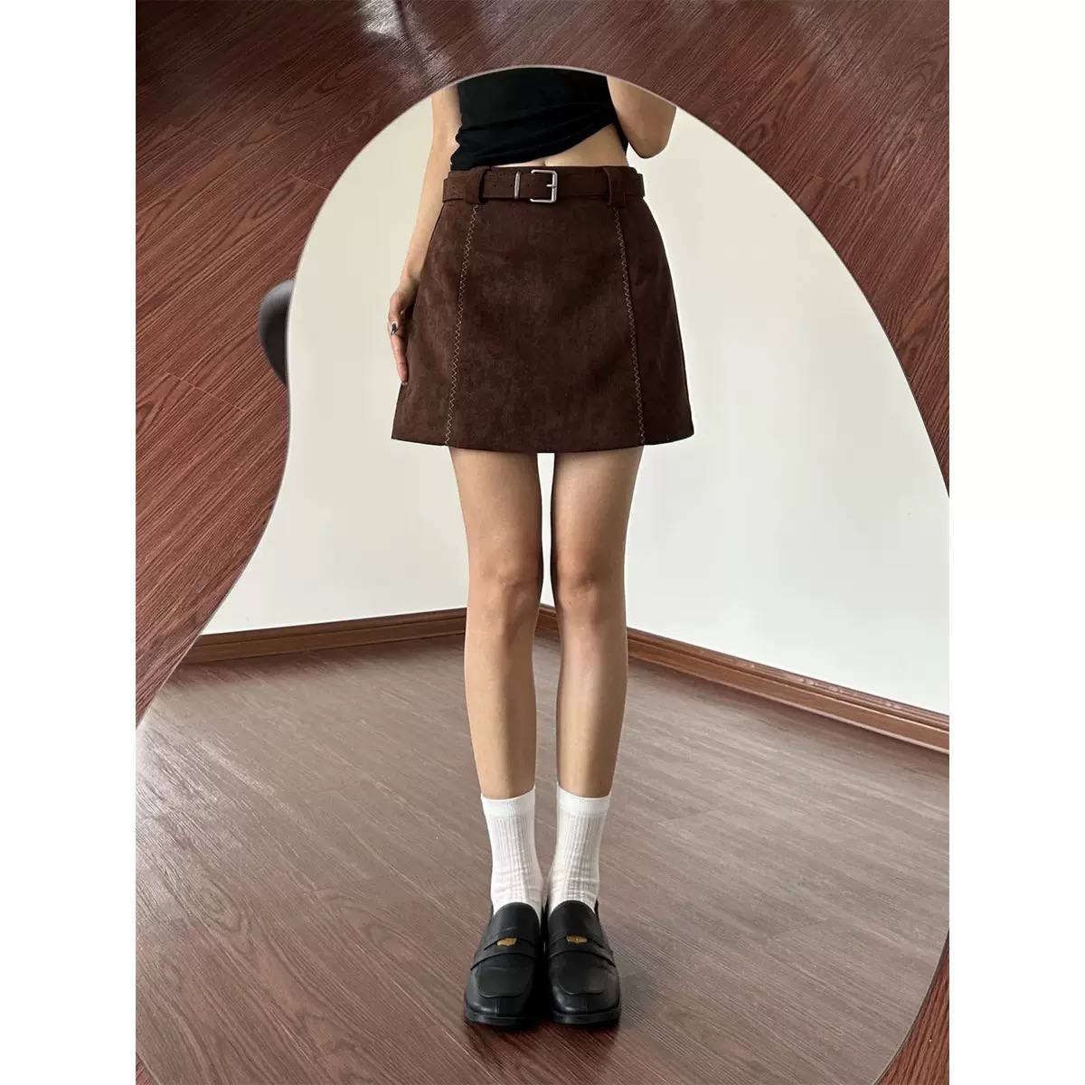 Suede Mini Skirt High Waist, Belted Design & A-Line Fit