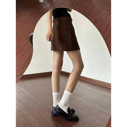 Suede Mini Skirt High Waist, Belted Design & A-Line Fit