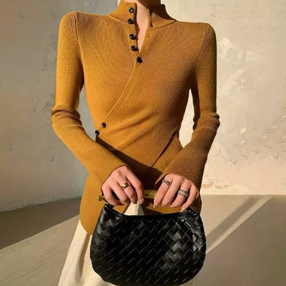 Ribbed Knit Blouse High Neck, Long Sleeves, Wrap Front & Button Detail