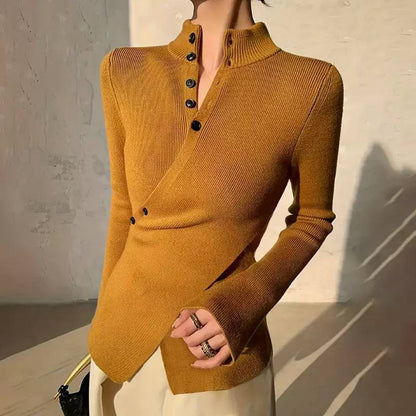 Ribbed Knit Blouse High Neck, Long Sleeves, Wrap Front & Button Detail