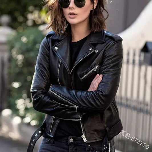Leather Biker Jacket Zip Front, Notched Lapel Collar & Multiple Zipper Pockets