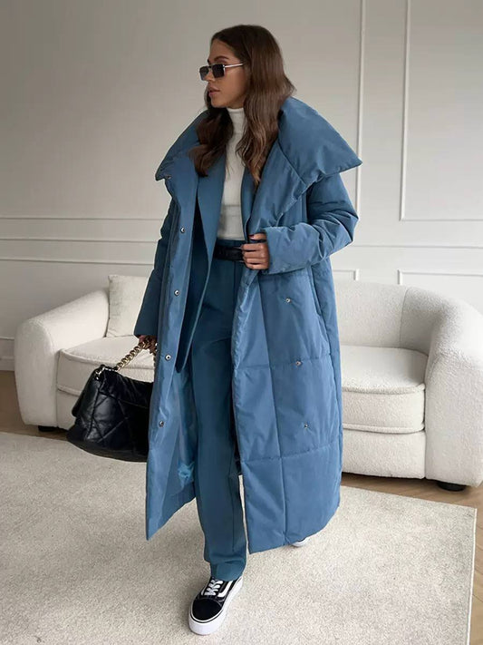 Longline Puffer Coat Oversized Hooded Collar, Quilted Design, Snap Button Front & Relaxed Fit
