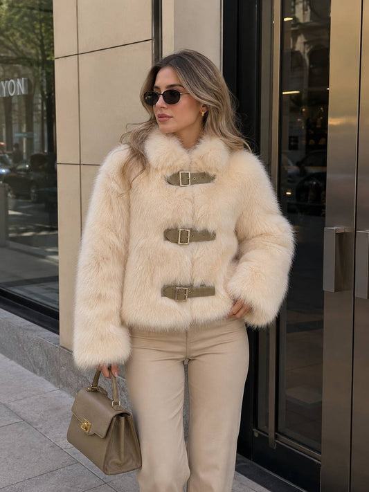 Fur Jacket Plush Collar, Belted Front Fastening, Long Sleeves & Cropped Fit