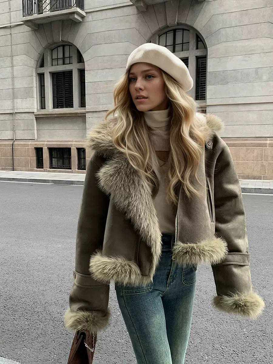 Shearling Suede Jacket , Oversized Fur Collar & Cuffs, Zip Front and Cropped Fit