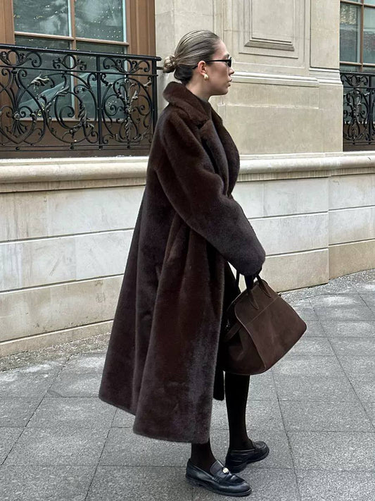 Fur Coat Longline Plush Design, Oversized Collar, Button Front & Relaxed Fit