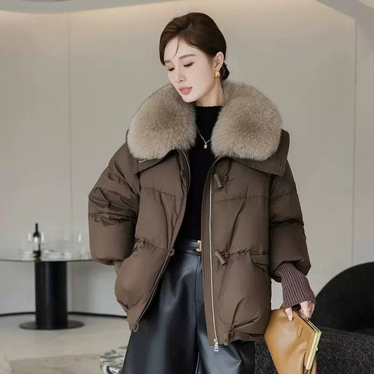 Puffer Jacket Quilted Design, Oversized Faux Fur Collar, Cinched Waist & Ribbed Cuffs