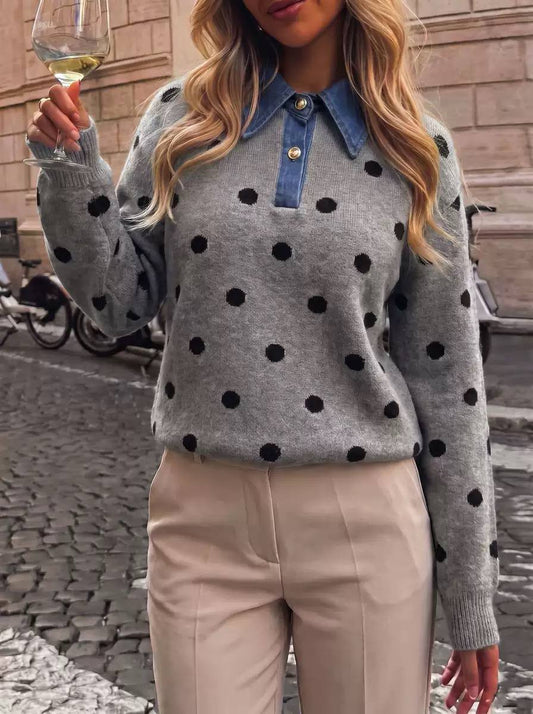 Polka Dot Knit Sweater – Long Sleeve, Denim Collar & Button Front Detail
