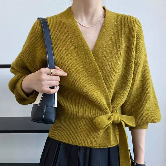 Ribbed Knit Wrap Sweater– Long Sleeve, V-Neck, Tie Waist & Relaxed Fit