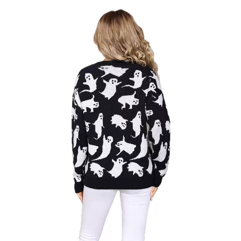 Halloween Ghost Knit Sweater – Long Sleeve, Crew Neck & Relaxed Fit