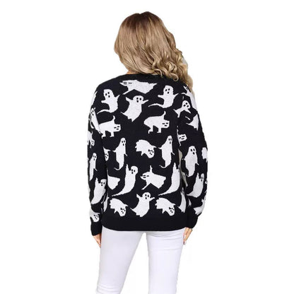 Halloween Ghost Knit Sweater – Long Sleeve, Crew Neck & Relaxed Fit