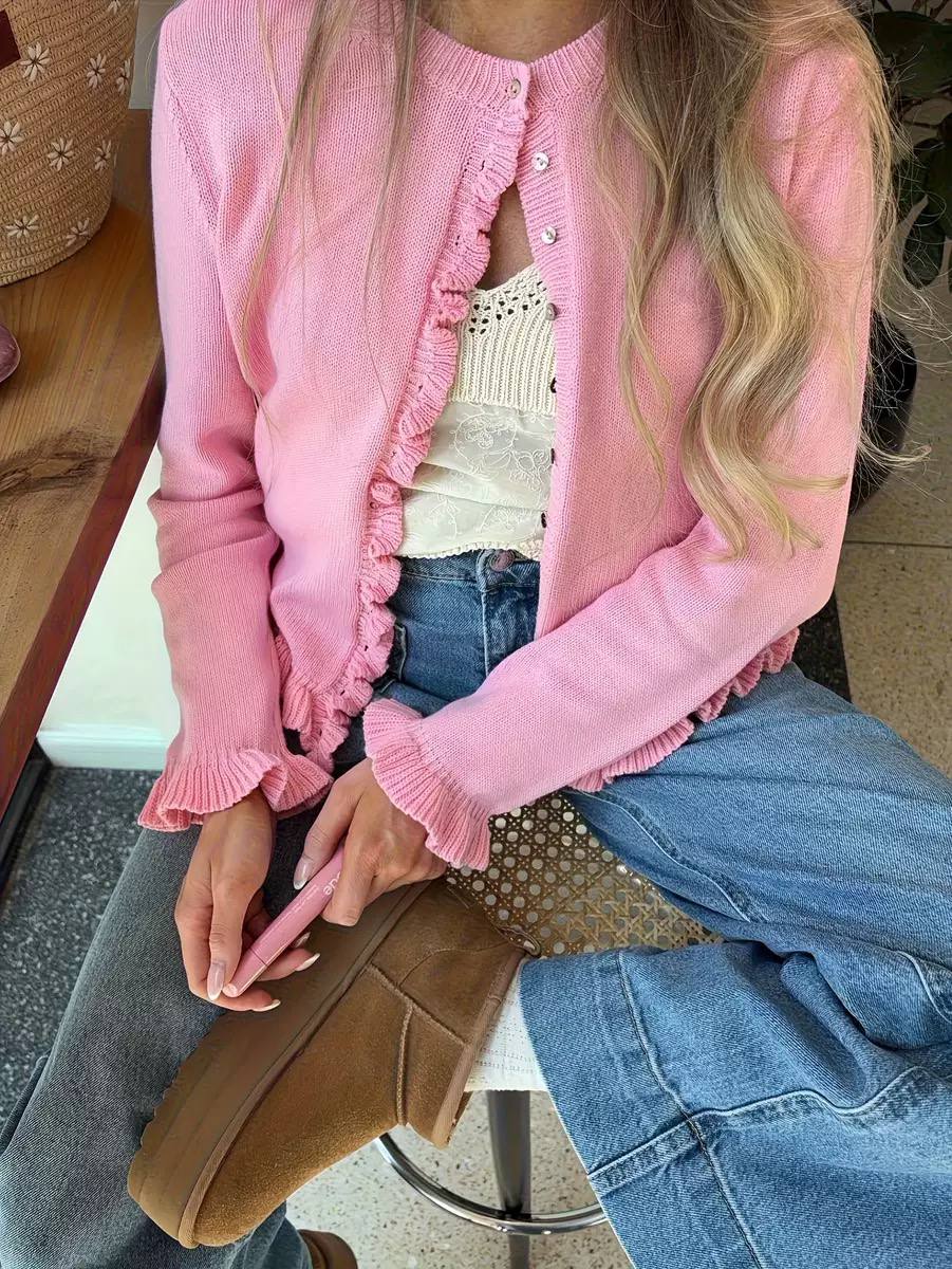 Pink Knit Cardigan – Long Sleeve Button Front Ruffle Trim Cardigan
