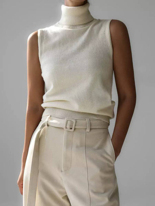Sleeveless Turtleneck Knit Top – Ribbed High Neck Fitted Top