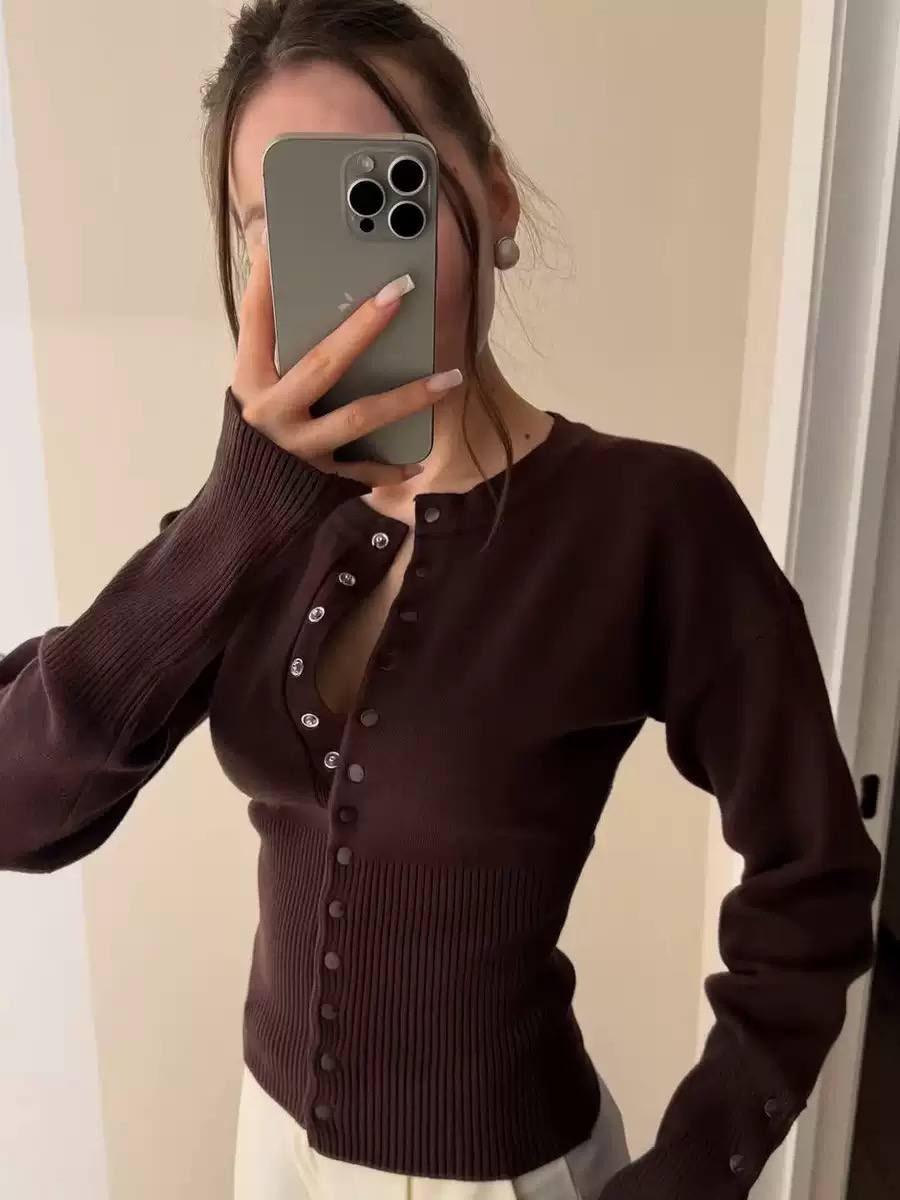 Knit Button Front Cardigan – Long Sleeve Ribbed Trim Fitted Cardigan