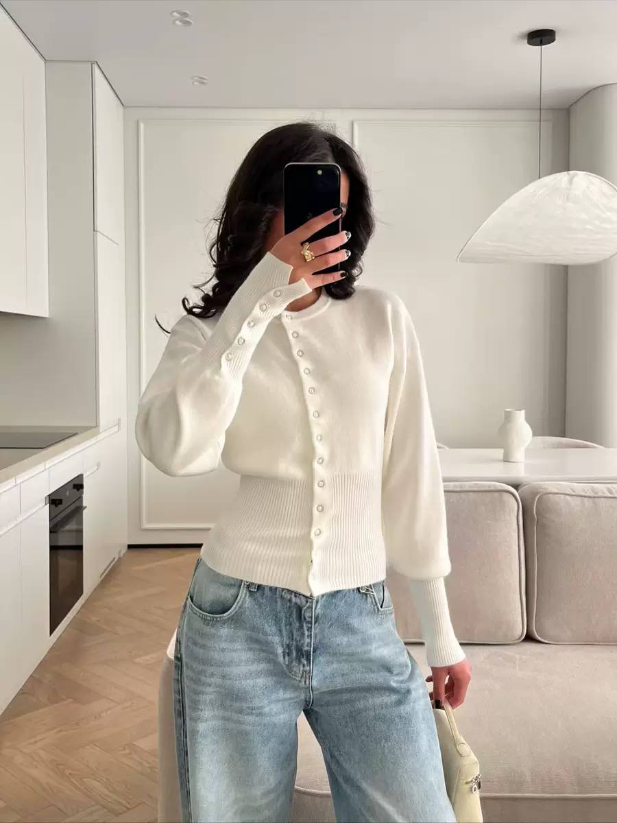 Knit Button Front Cardigan – Long Sleeve Ribbed Trim Fitted Cardigan
