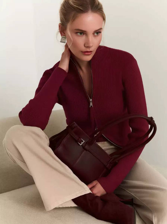 Ribbed Knit Zip-Up Cardigan High Neck & Stretch Fabric