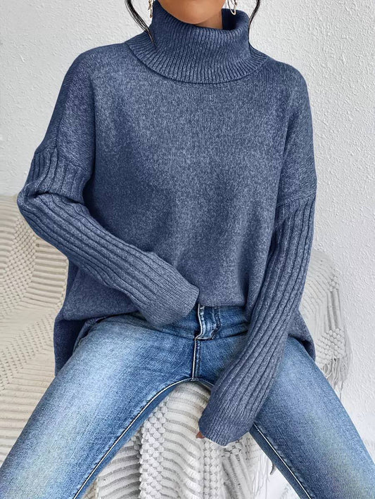Oversized Turtleneck Knit Sweater Asymmetric Hem & Relaxed Fit