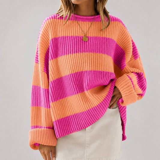 Striped Knit Sweater –  Crew Neck Relaxed Fit Jumper with Colour Block Pattern