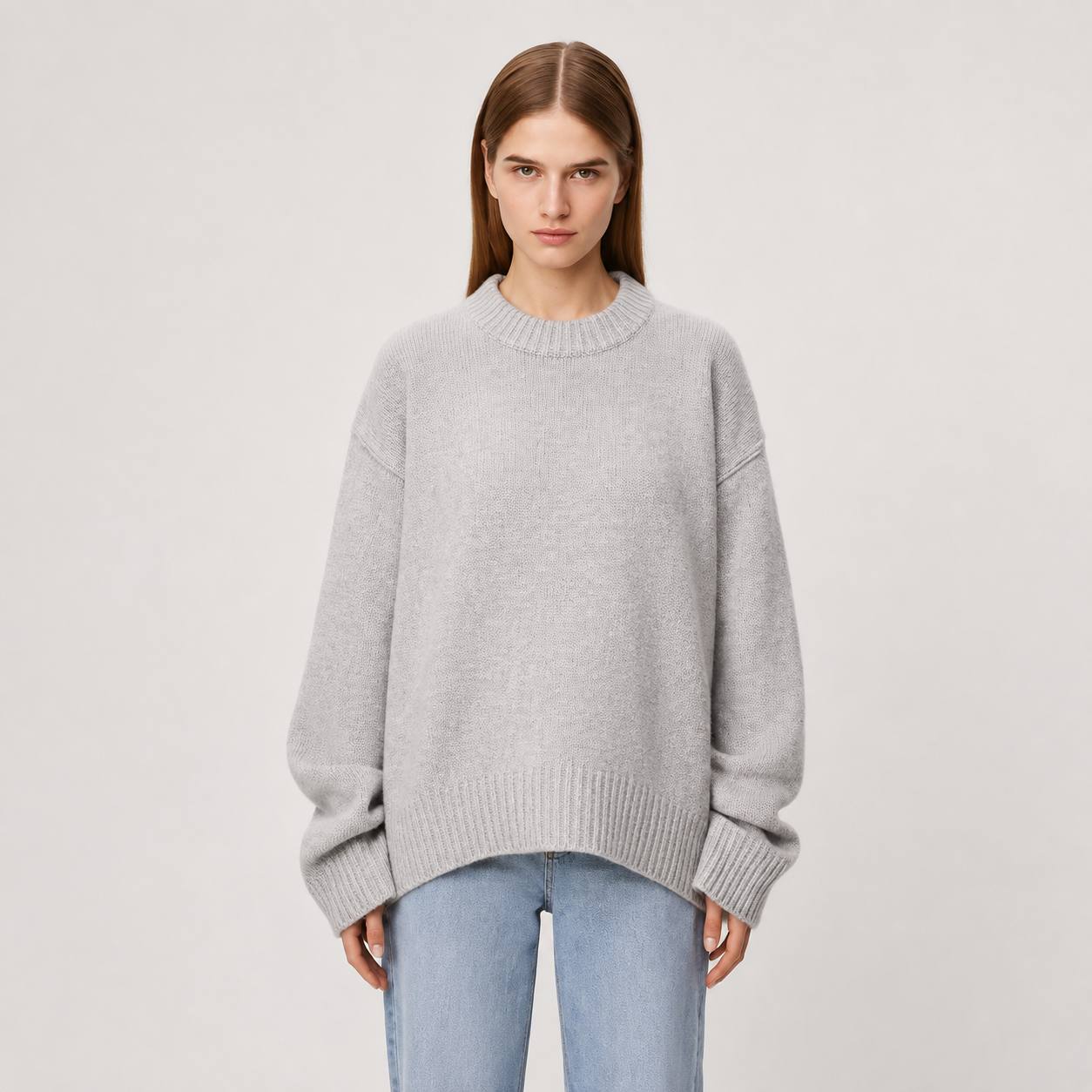 Oversized Knit Sweater –  Crew Neck Relaxed Fit Jumper with Ribbed Cuffs and Hem