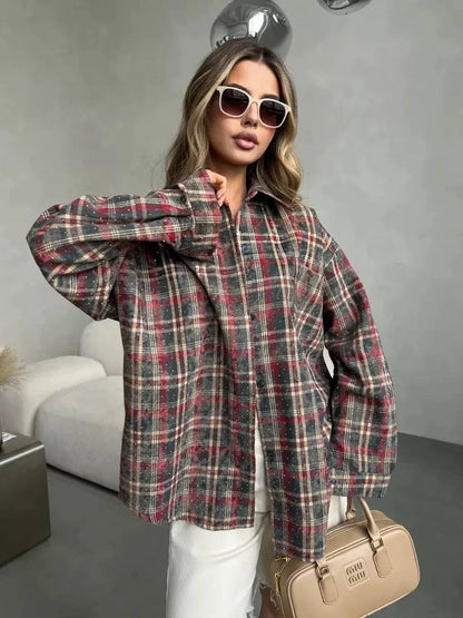 Oversized Plaid Shirt Jacket – Long Sleeve Button-Up Checkered Shacket with Relaxed Fit