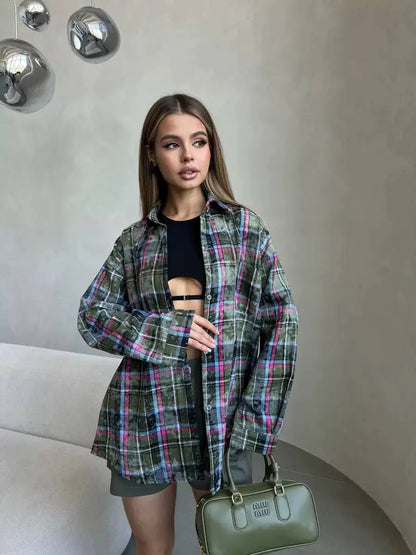 Oversized Plaid Shirt Jacket – Long Sleeve Button-Up Checkered Shacket with Relaxed Fit