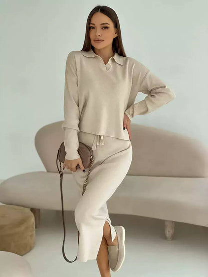 knitted two-piece matching set with collared long sleeve top and drawstring midi skirt.