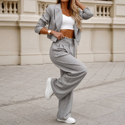 Pinstripe Two-Piece Cropped Blazer & High-Waisted Wide-Leg Trouser Suit Set