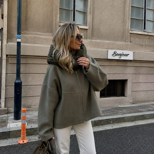 Oversized High Collar Zip-Up Jacket with Wide Long Sleeves and Relaxed Fit