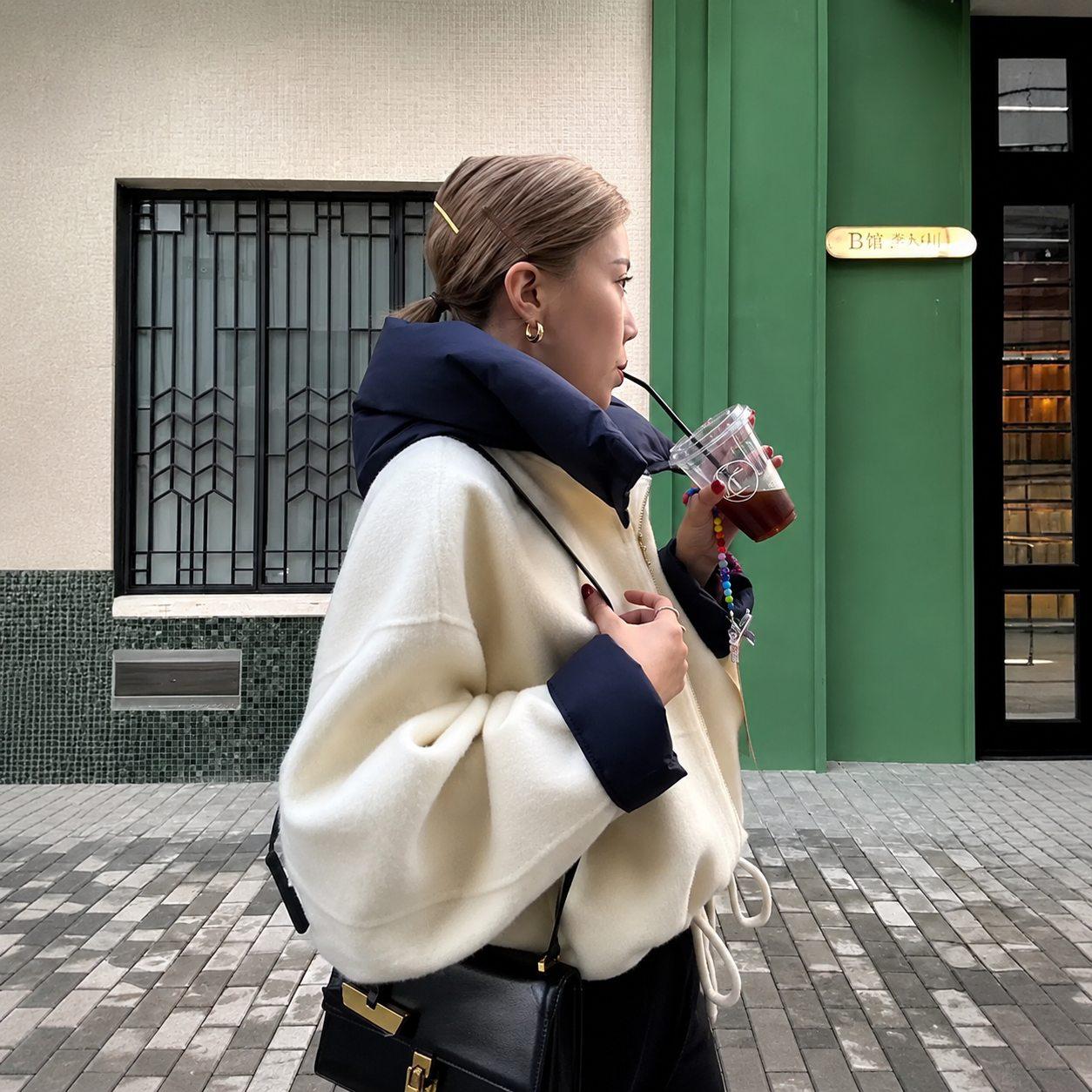Oversized High Collar Zip-Up Jacket with Wide Long Sleeves and Relaxed Fit