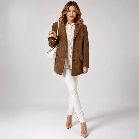 Women’s Oversized Suede-Look Blazer | Notched Lapel Relaxed Fit Jacket