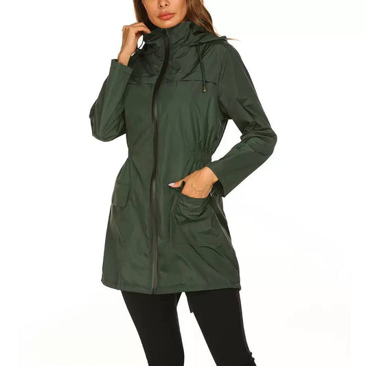 Women’s Hooded Mid-Length Rain Jacket | Drawstring Waist & Zip Front